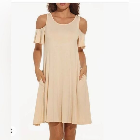 Cold Shoulder Women’s Dress With Pockets Beige Rayon Spandex - Picture 6 of 9